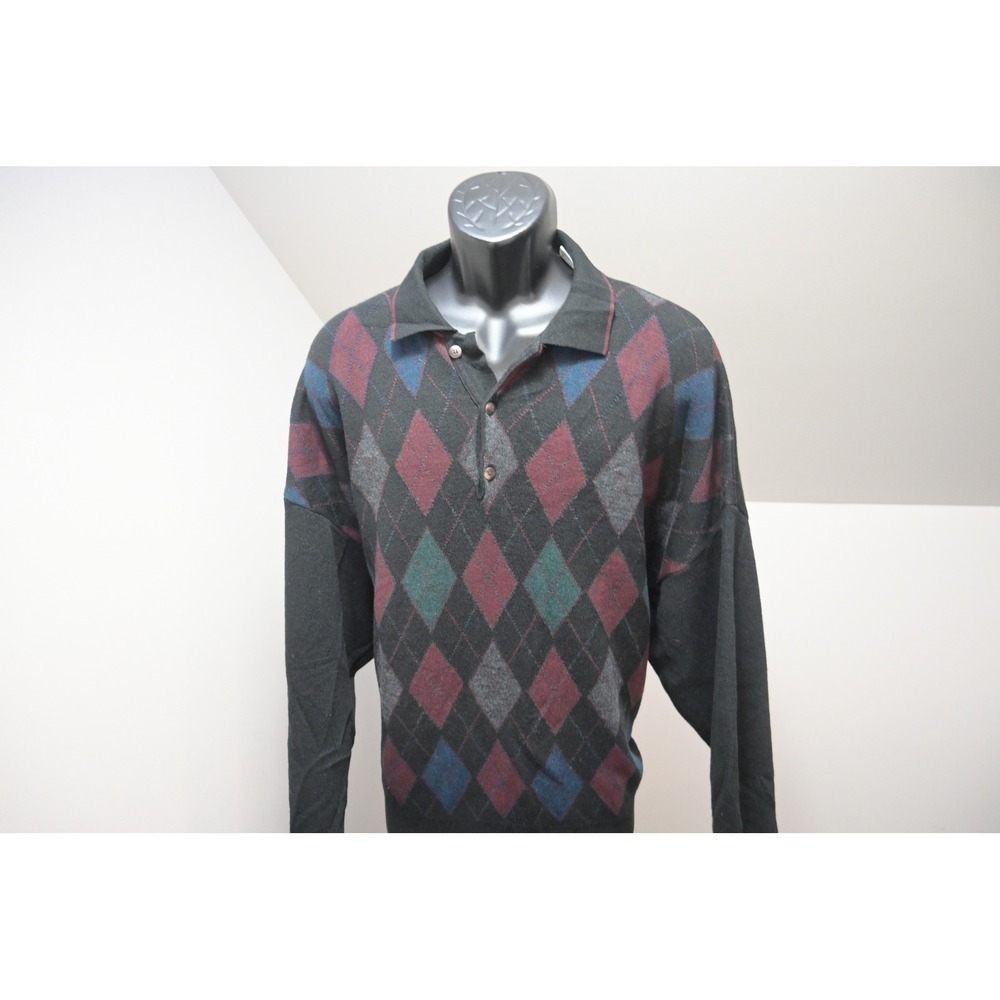 Florence Tricot Polo Sweater Mens XXL Black Argyle‎ Wool Blend Italy Excellent